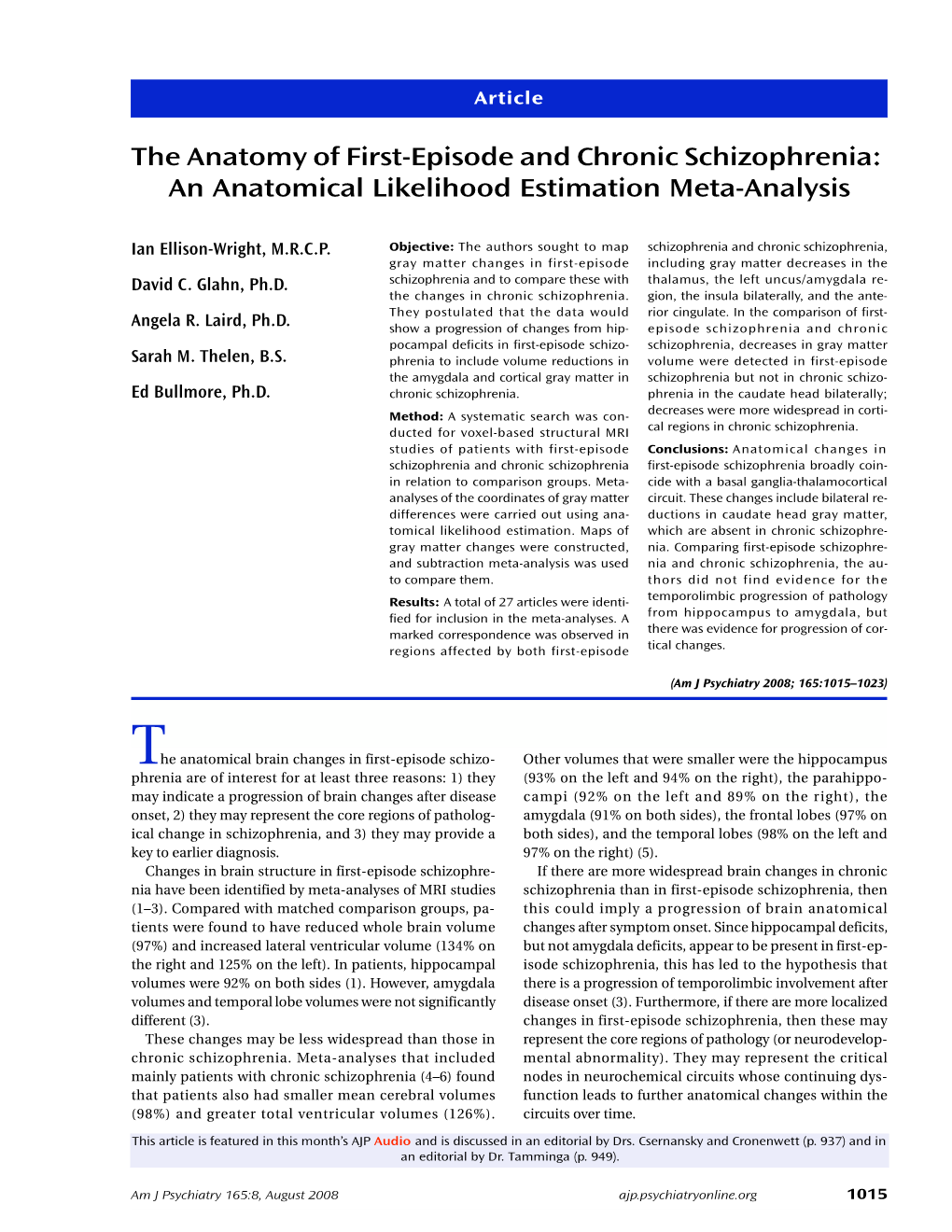 The Anatomy of First-Episode and Chronic Schizophrenia: an Anatomical Likelihood Estimation Meta-Analysis