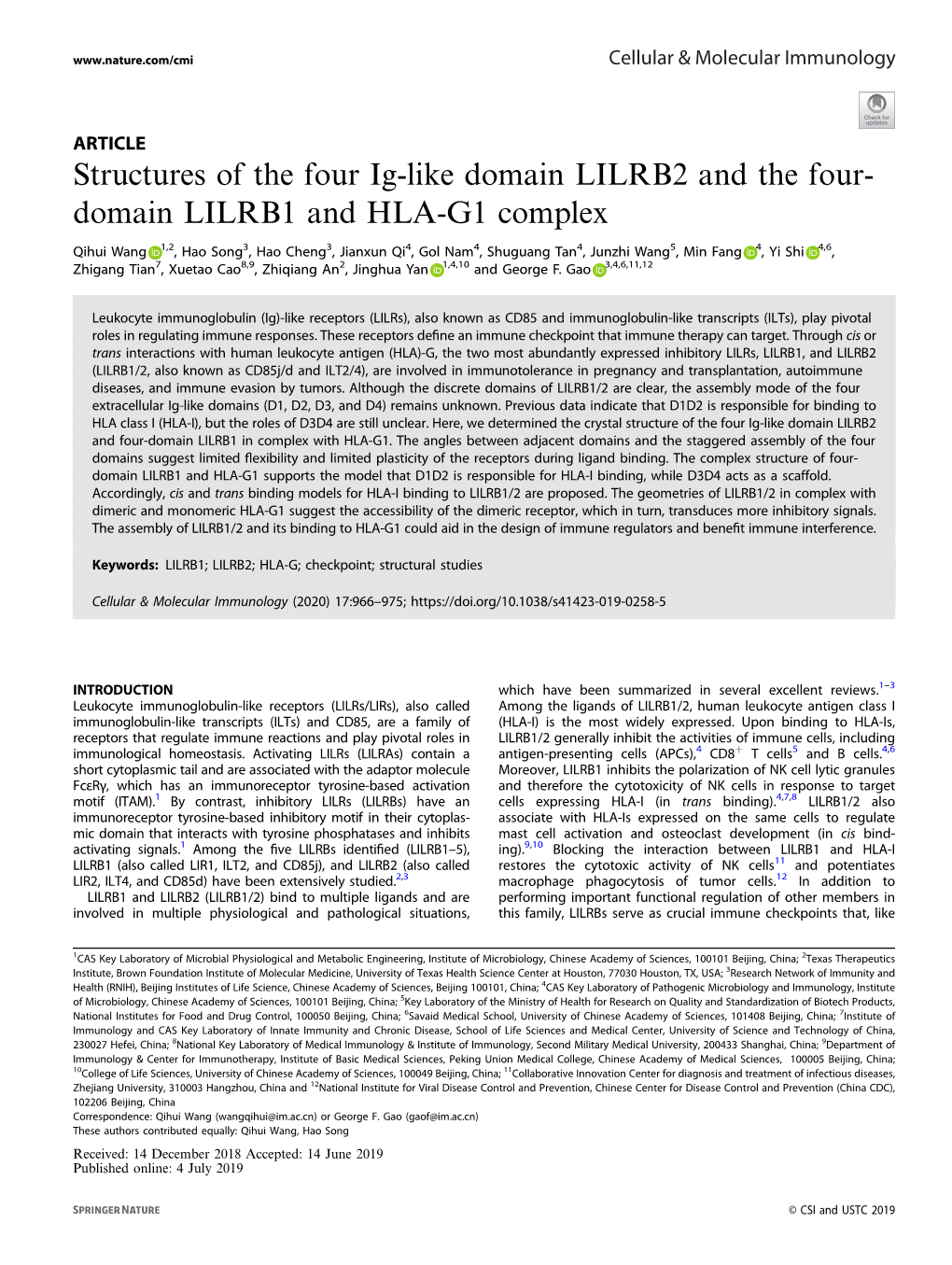 Structures of the Four Ig-Like Domain LILRB2 and the Four-Domain LILRB1