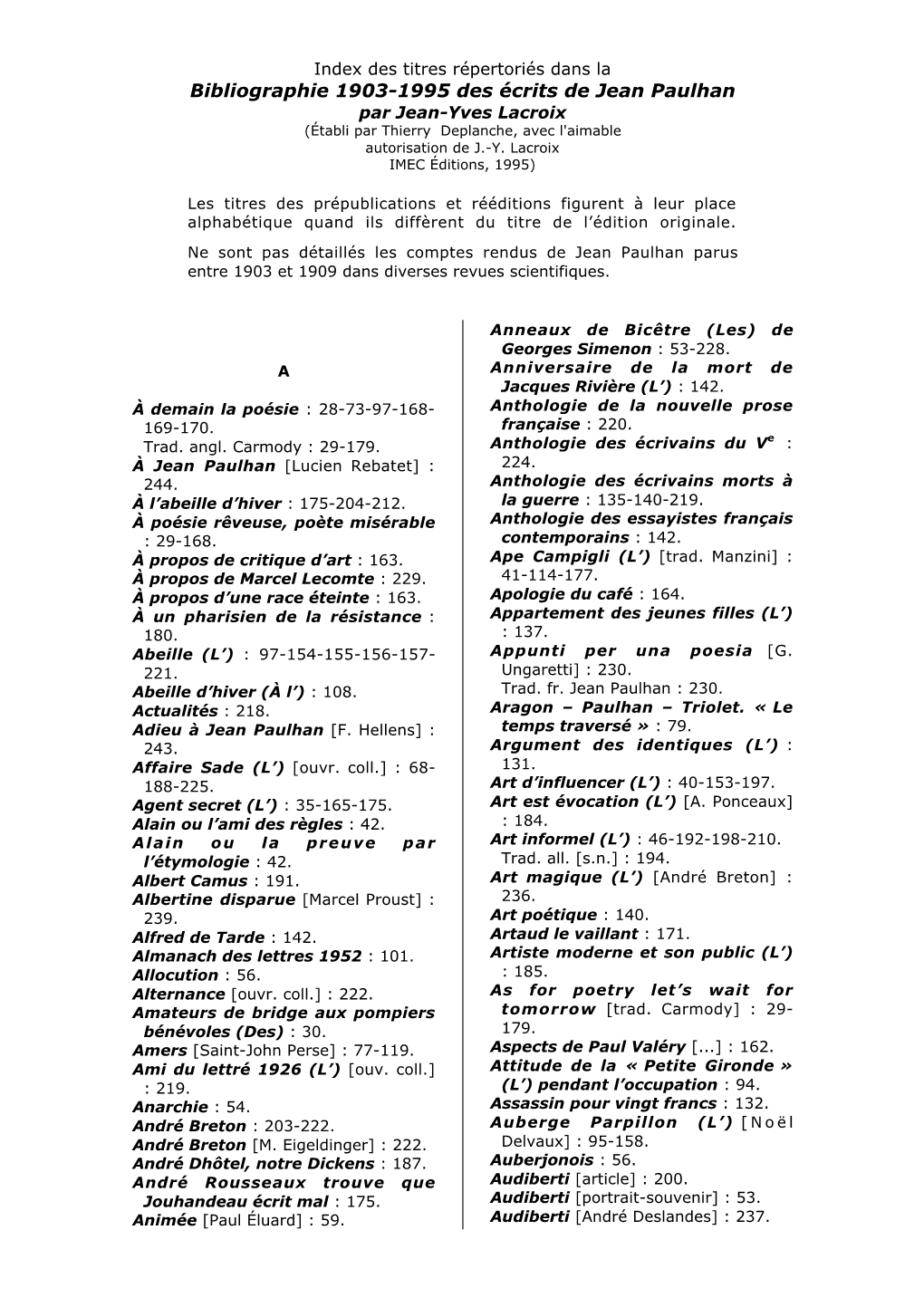 Bibliographie Des Écrits De Jean Paulhan