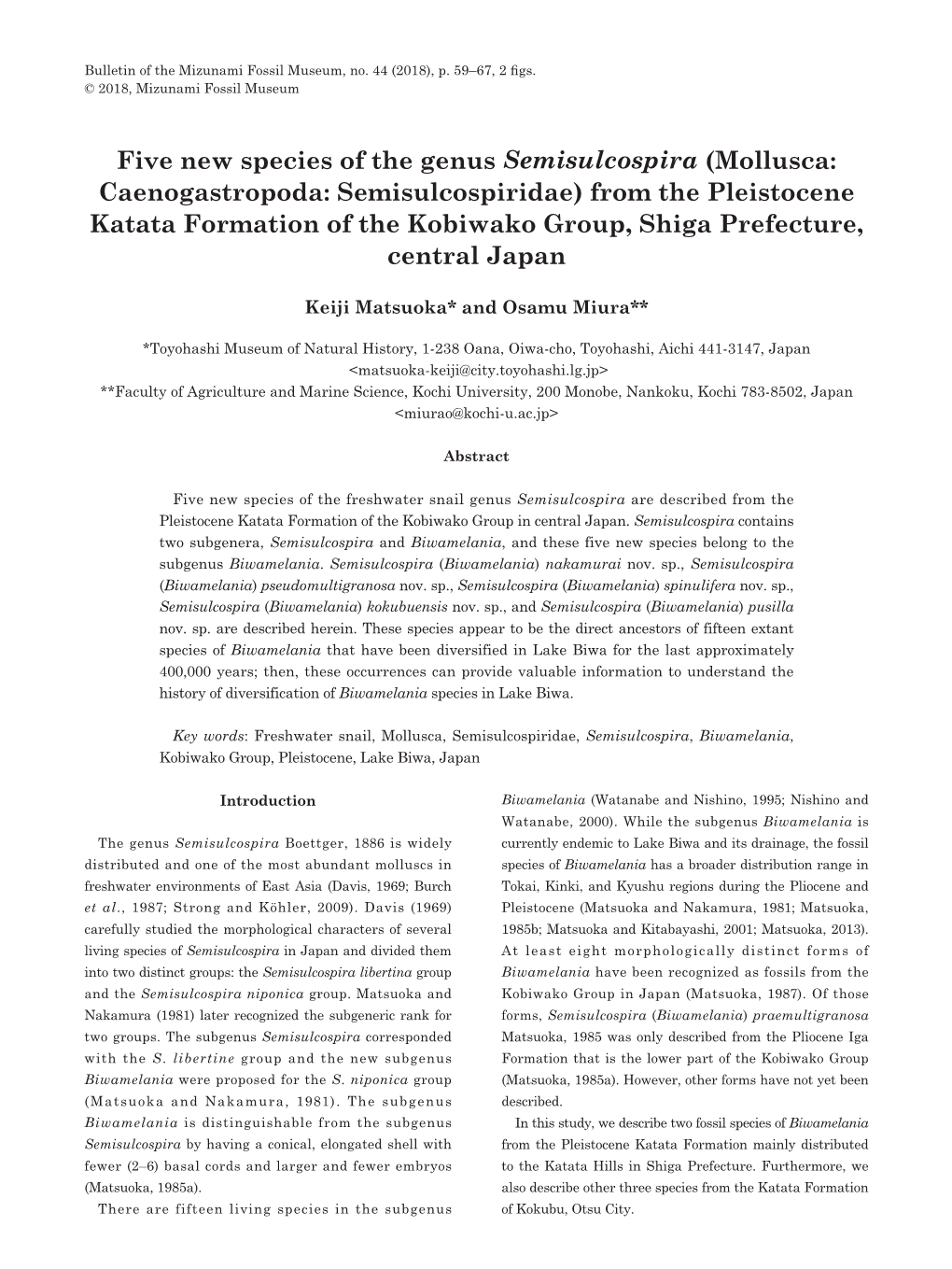 Five New Species of the Genus Semisulcospira