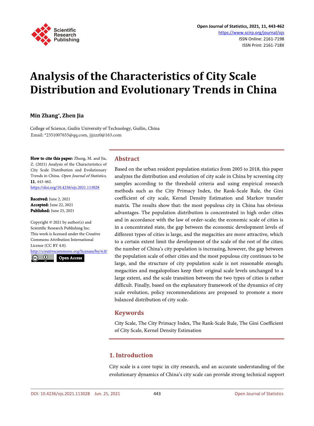 Analysis of the Characteristics of City Scale Distribution and Evolutionary Trends in China