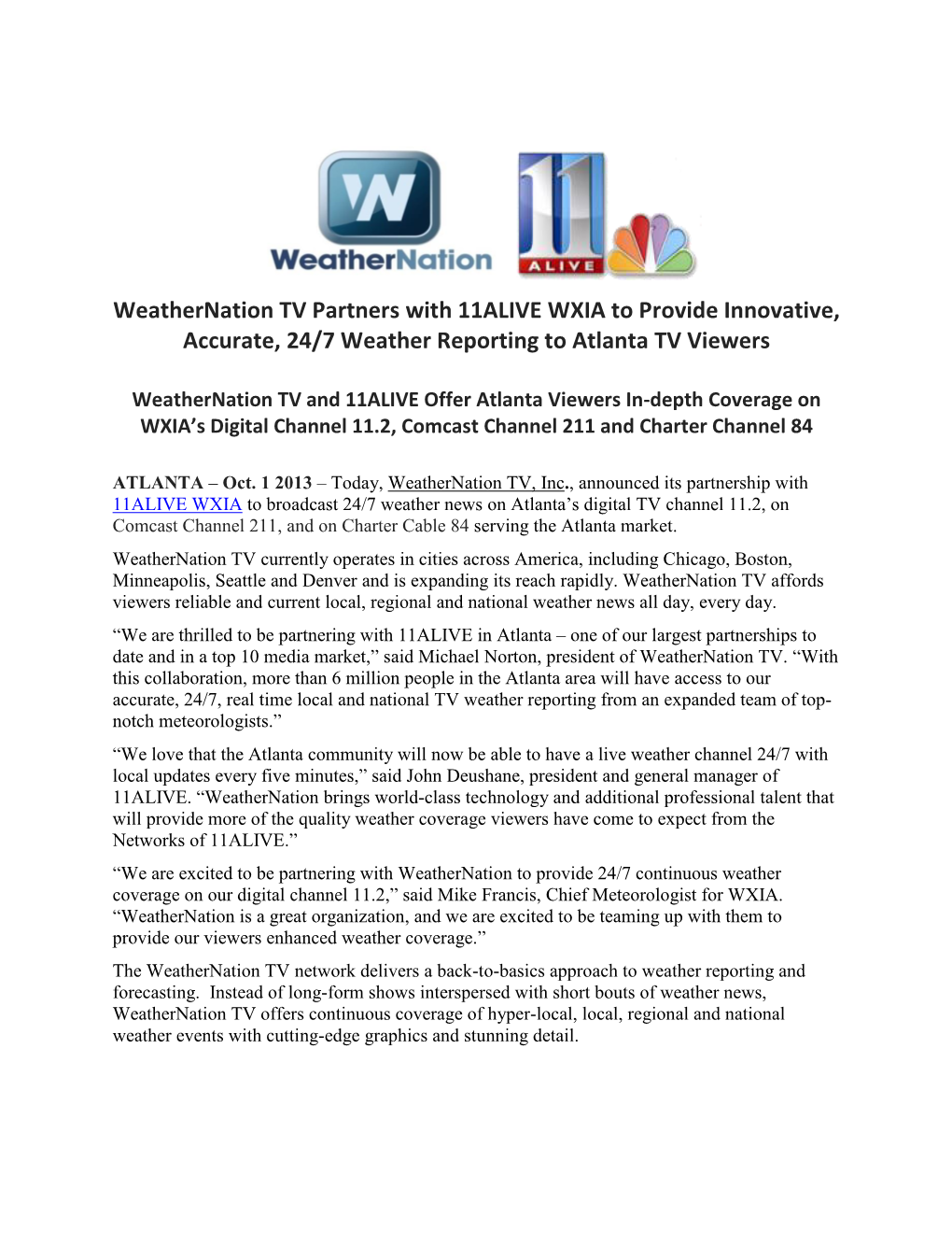 Weathernation TV Partners with 11ALIVE WXIA to Provide Innovative, Accurate, 24/7 Weather Reporting to Atlanta TV Viewers