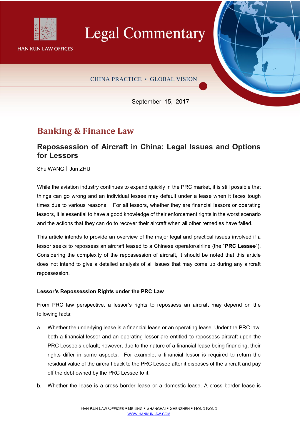 Repossession of Aircraft in China: Legal Issues and Options for Lessors