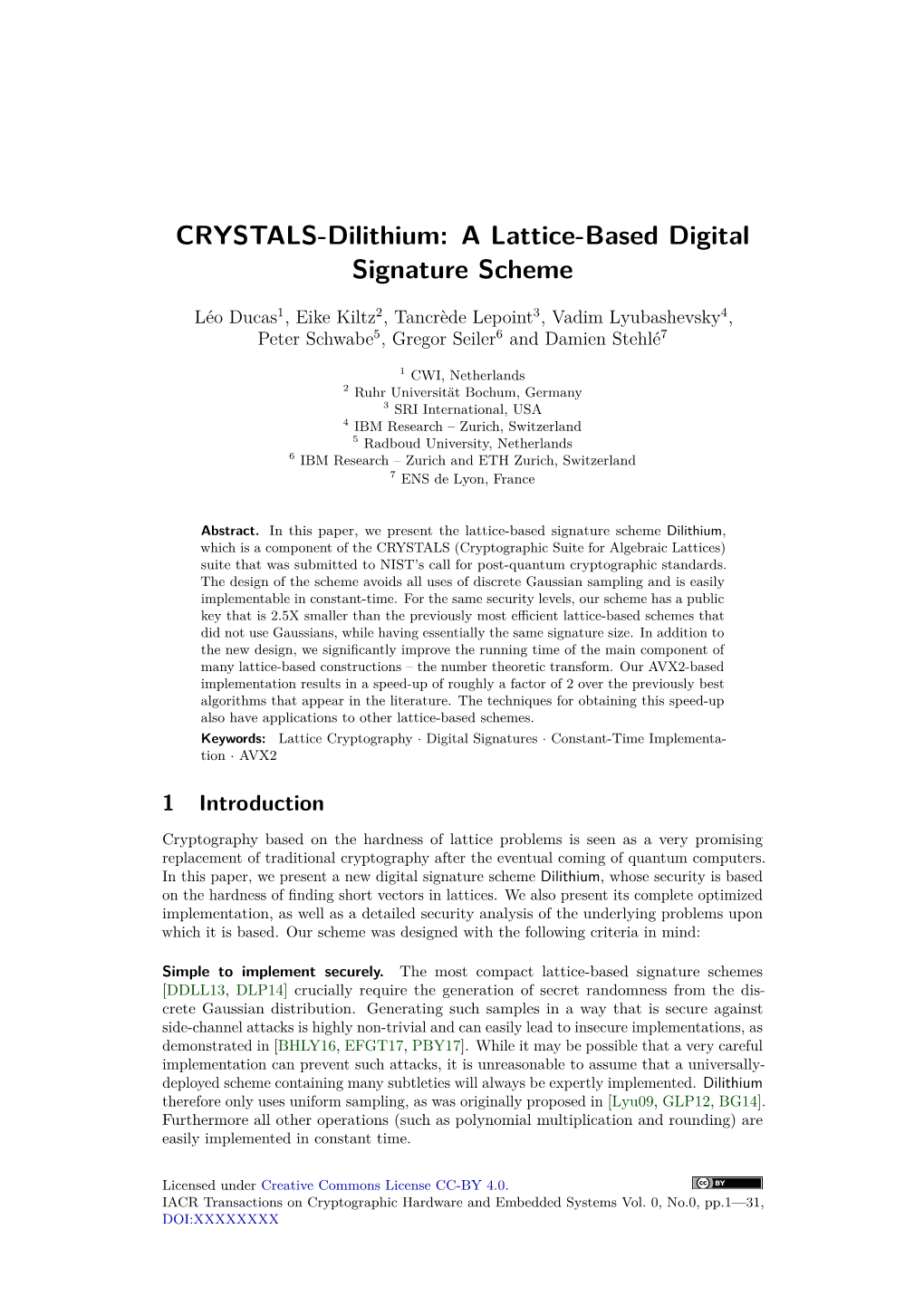 CRYSTALS-Dilithium: a Lattice-Based Digital Signature Scheme