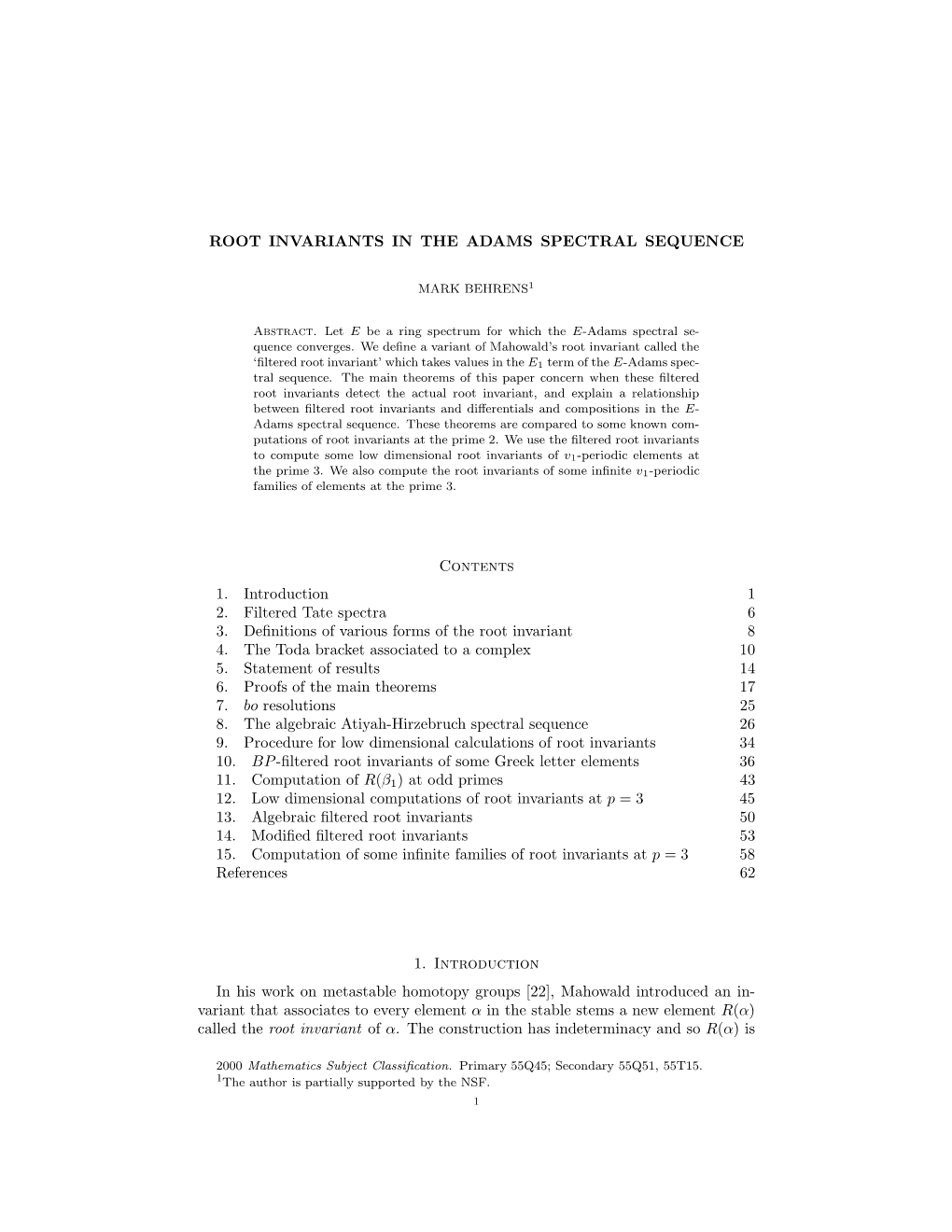 ROOT INVARIANTS in the ADAMS SPECTRAL SEQUENCE Contents