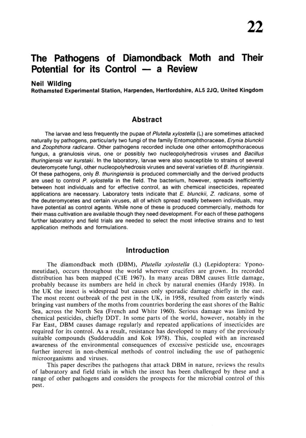 The Pathogens of Diamondback Moth and Their Potential for Its Control A