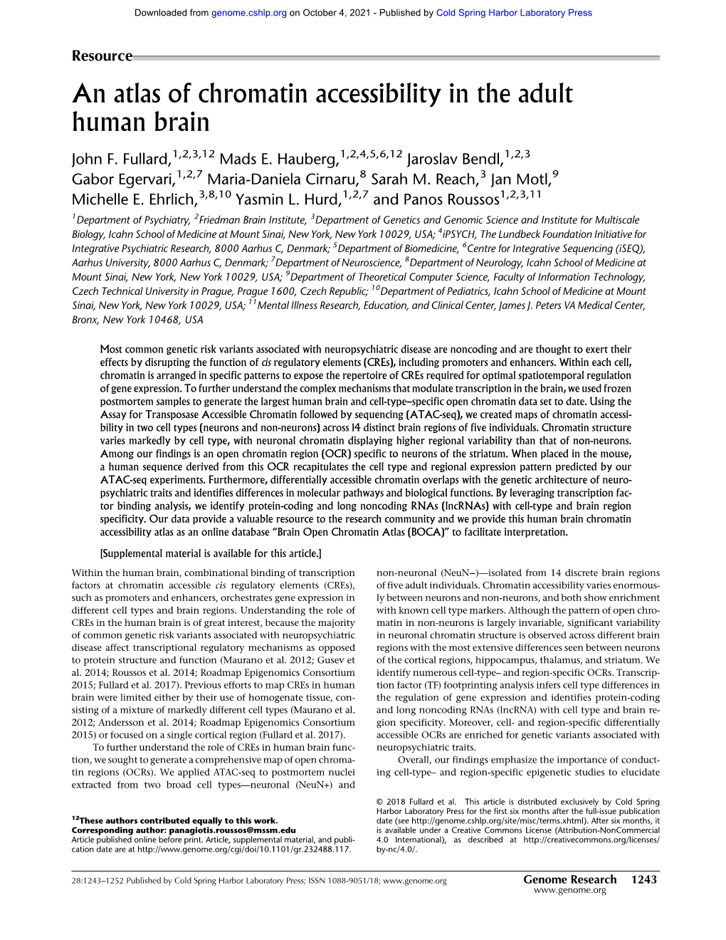 An Atlas of Chromatin Accessibility in the Adult Human Brain