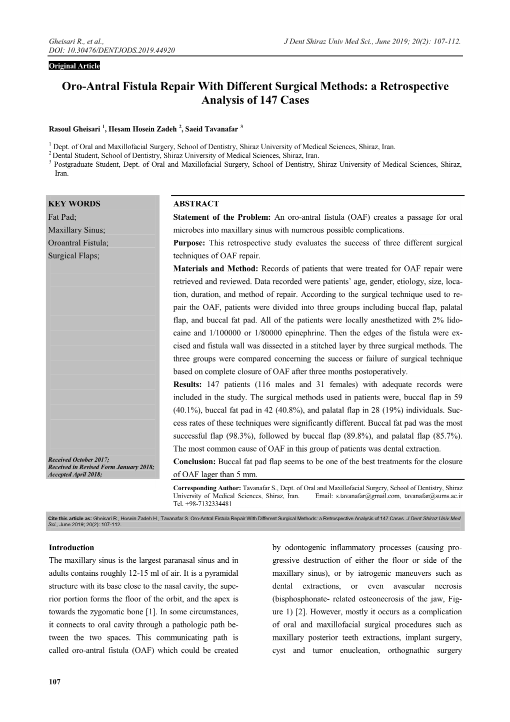 Oro-Antral Fistula Repair with Different Surgical Methods: a Retrospective Analysis of 147 Cases