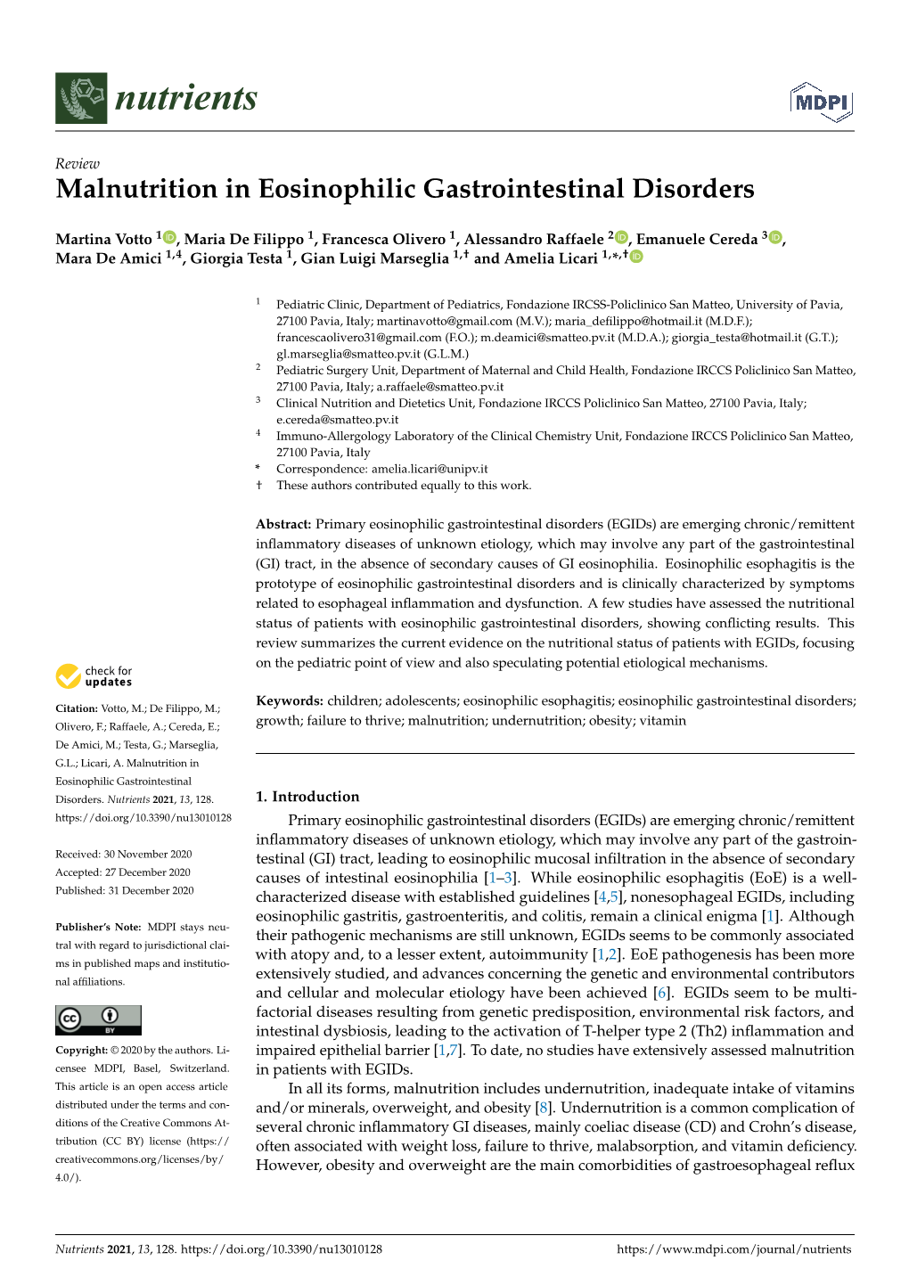 Malnutrition in Eosinophilic Gastrointestinal Disorders