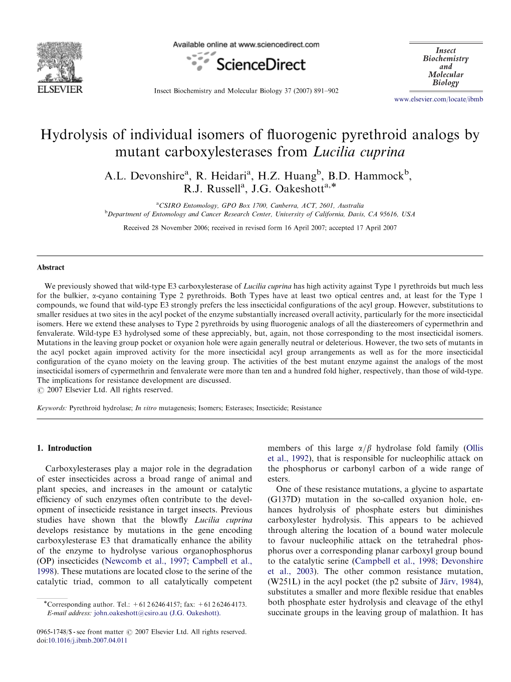 Hydrolysis of Individual Isomers of Fluorogenic Pyrethroid Analogs by Mutant Carboxylesterases from Lucilia Cuprina