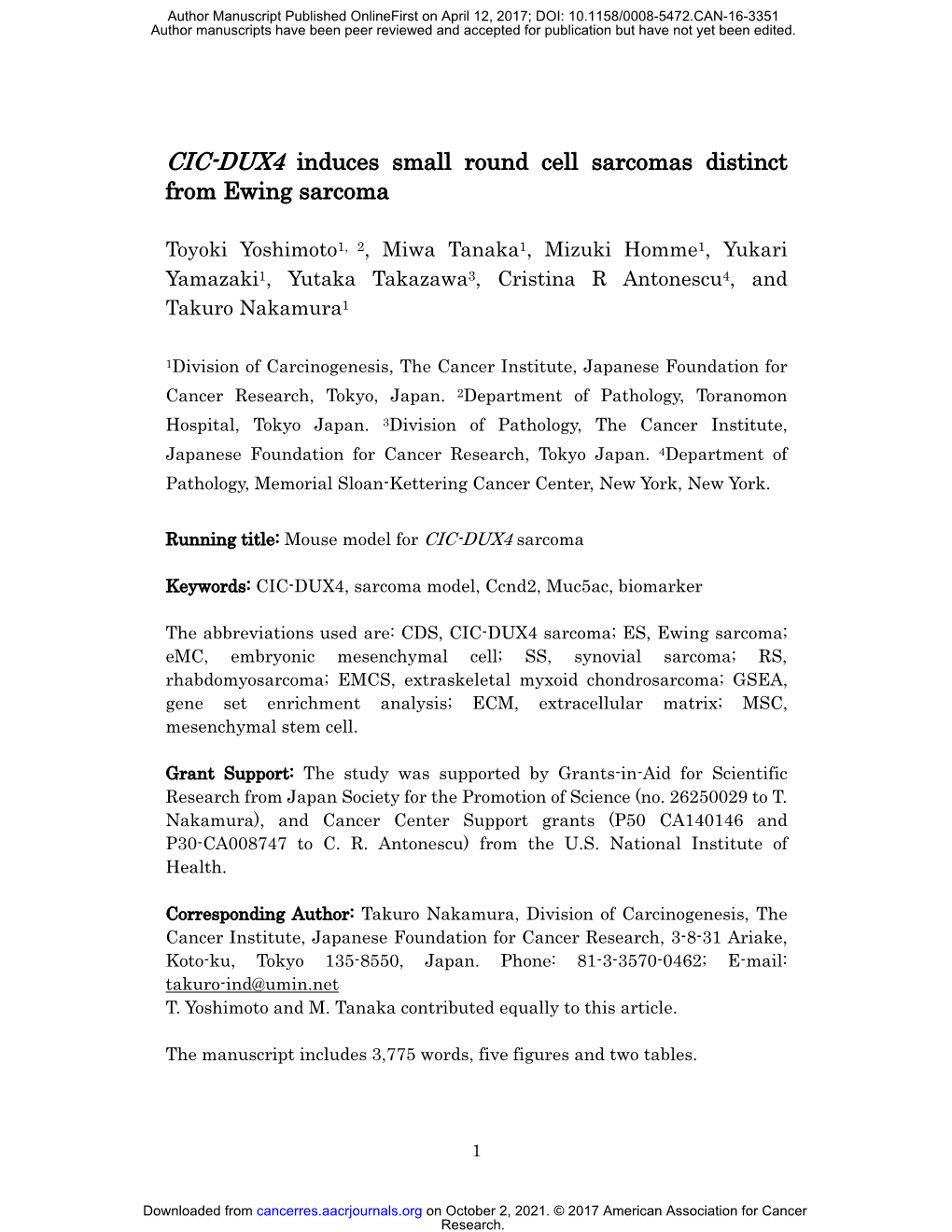 CIC-DUX4 Induces Small Round Cell Sarcomas Distinct from Ewing Sarcoma