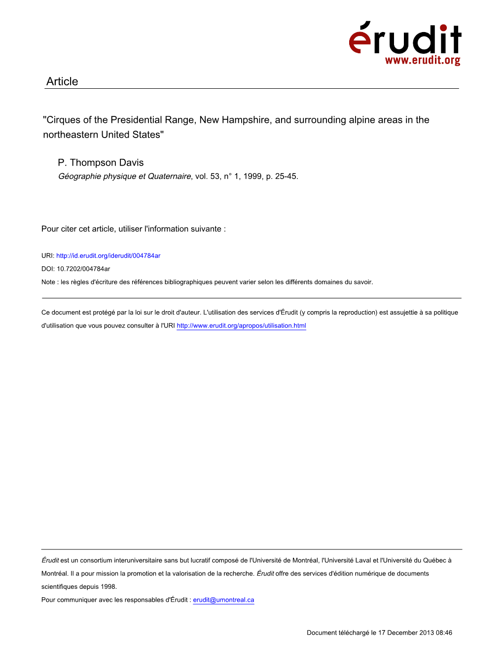 Cirques of the Presidential Range, New Hampshire, and Surrounding Alpine Areas in the Northeastern United States