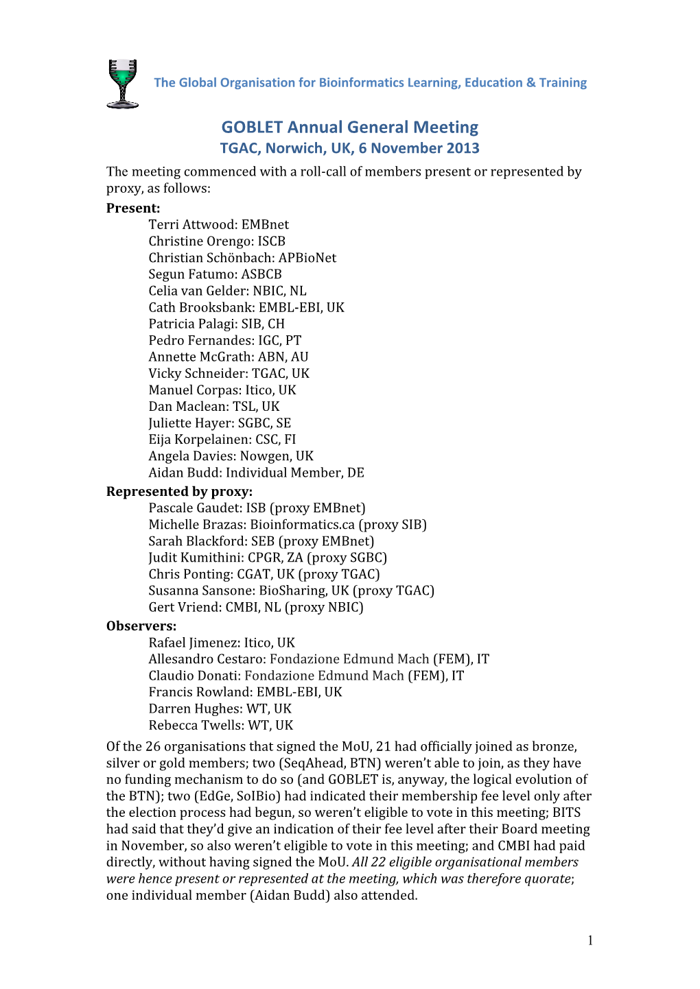 GOBLET Annual General Meeting