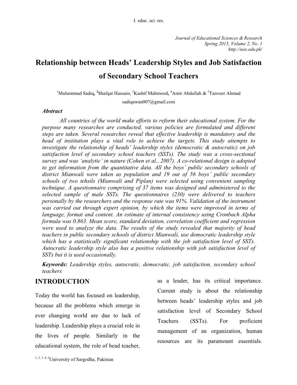 Relationship Between Heads' Leadership Styles and Job