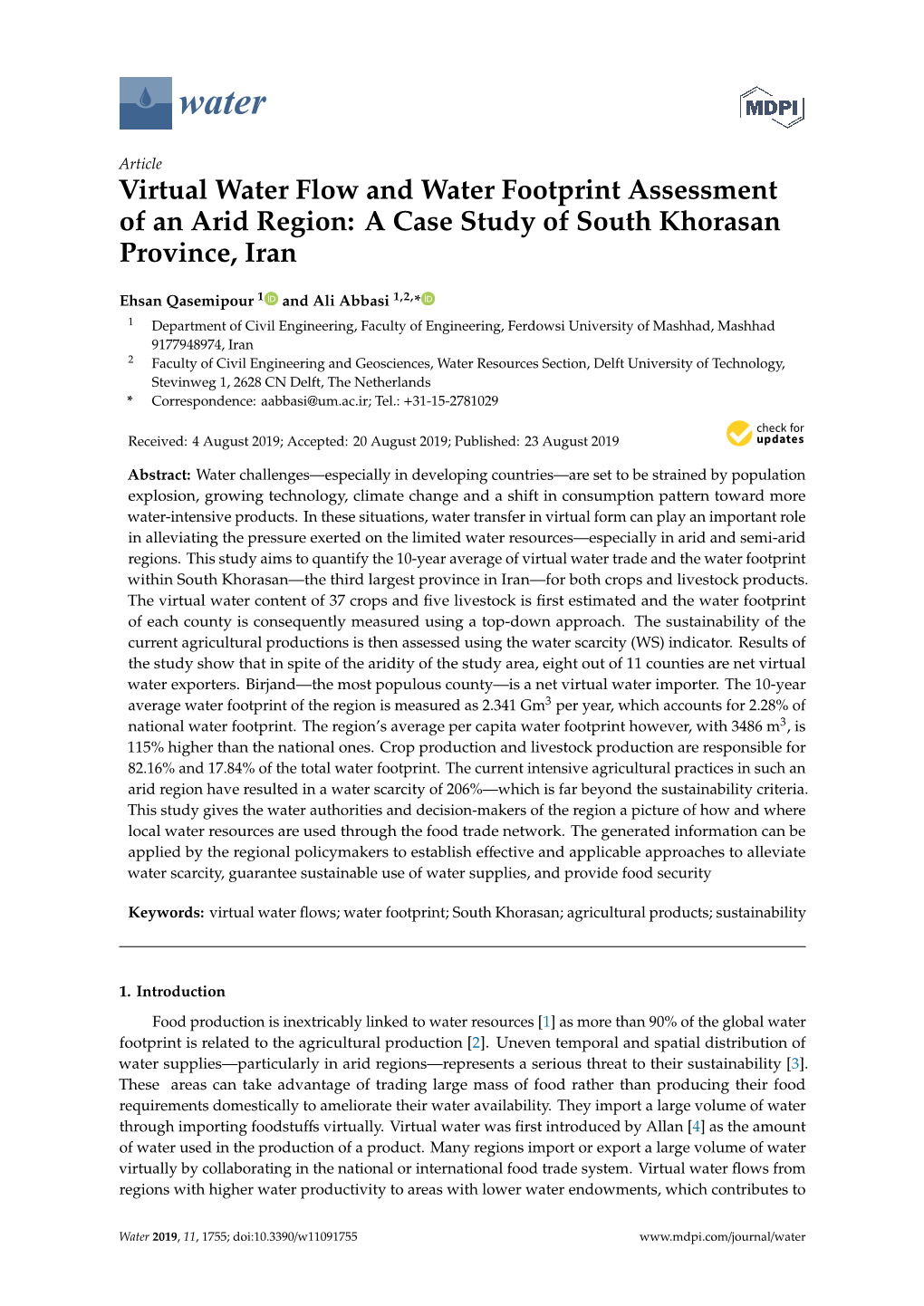 Virtual Water Flow and Water Footprint Assessment of an Arid Region: a Case Study of South Khorasan Province, Iran