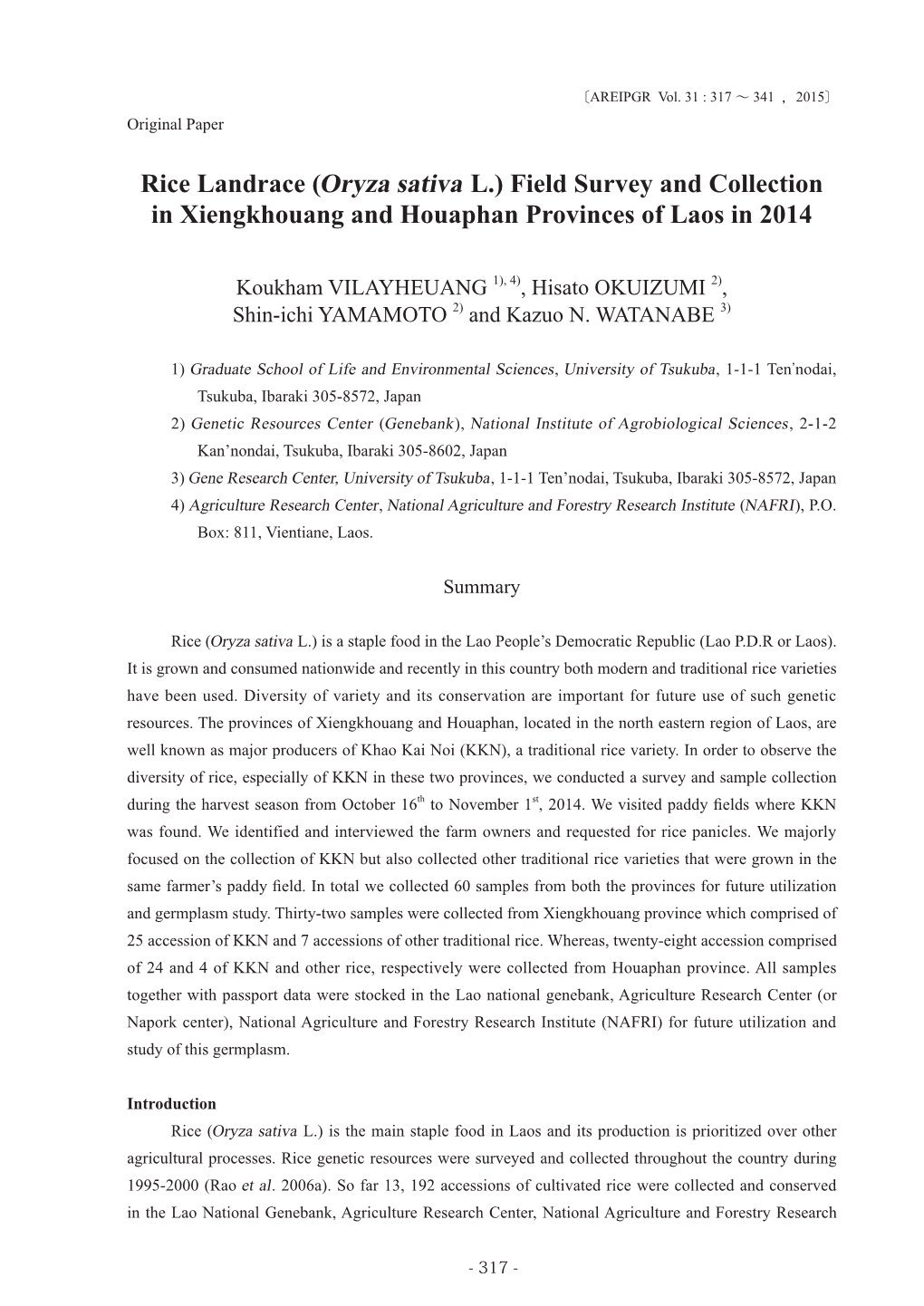 Rice Landrace (Oryza Sativa L.) Field Survey and Collection in Xiengkhouang and Houaphan Provinces of Laos in 2014