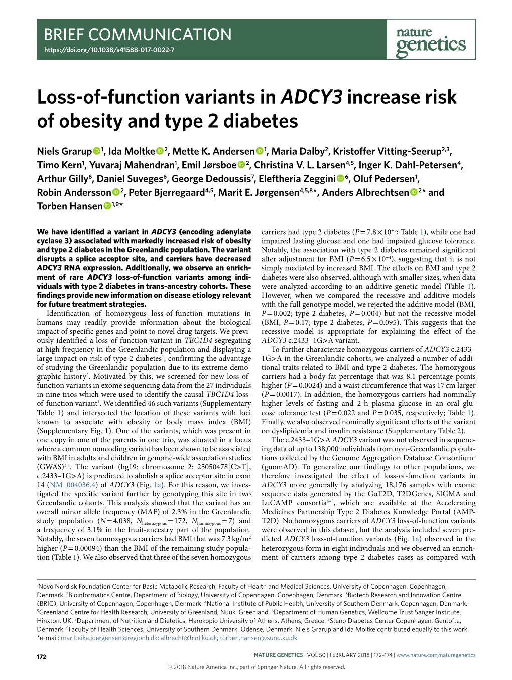 Loss-Of-Function Variants in ADCY3 Increase Risk of Obesity and Type 2 Diabetes