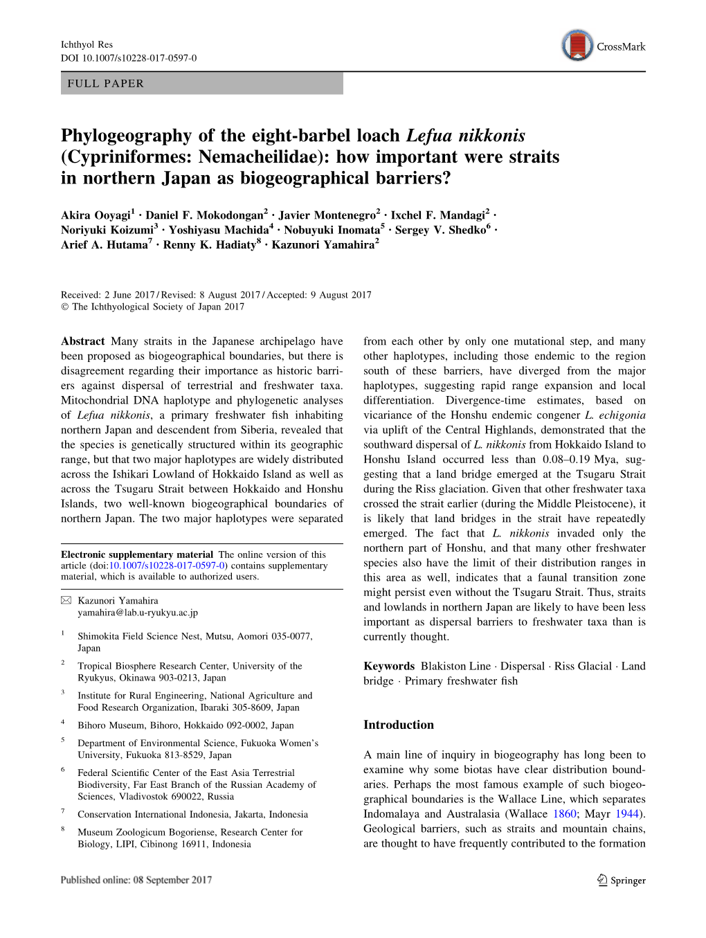 Phylogeography of the Eight-Barbel Loach Lefua Nikkonis (Cypriniformes: Nemacheilidae): How Important Were Straits in Northern Japan As Biogeographical Barriers?