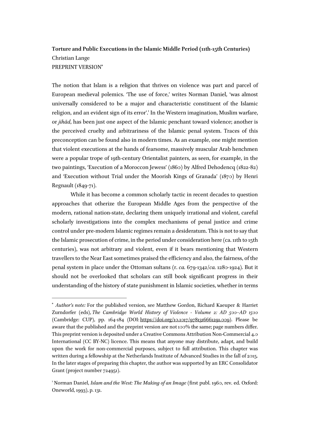 Torture and Public Executions in the Islamic Middle Period (11Th-15Th Centuries) Christian Lange PREPRINT VERSION*