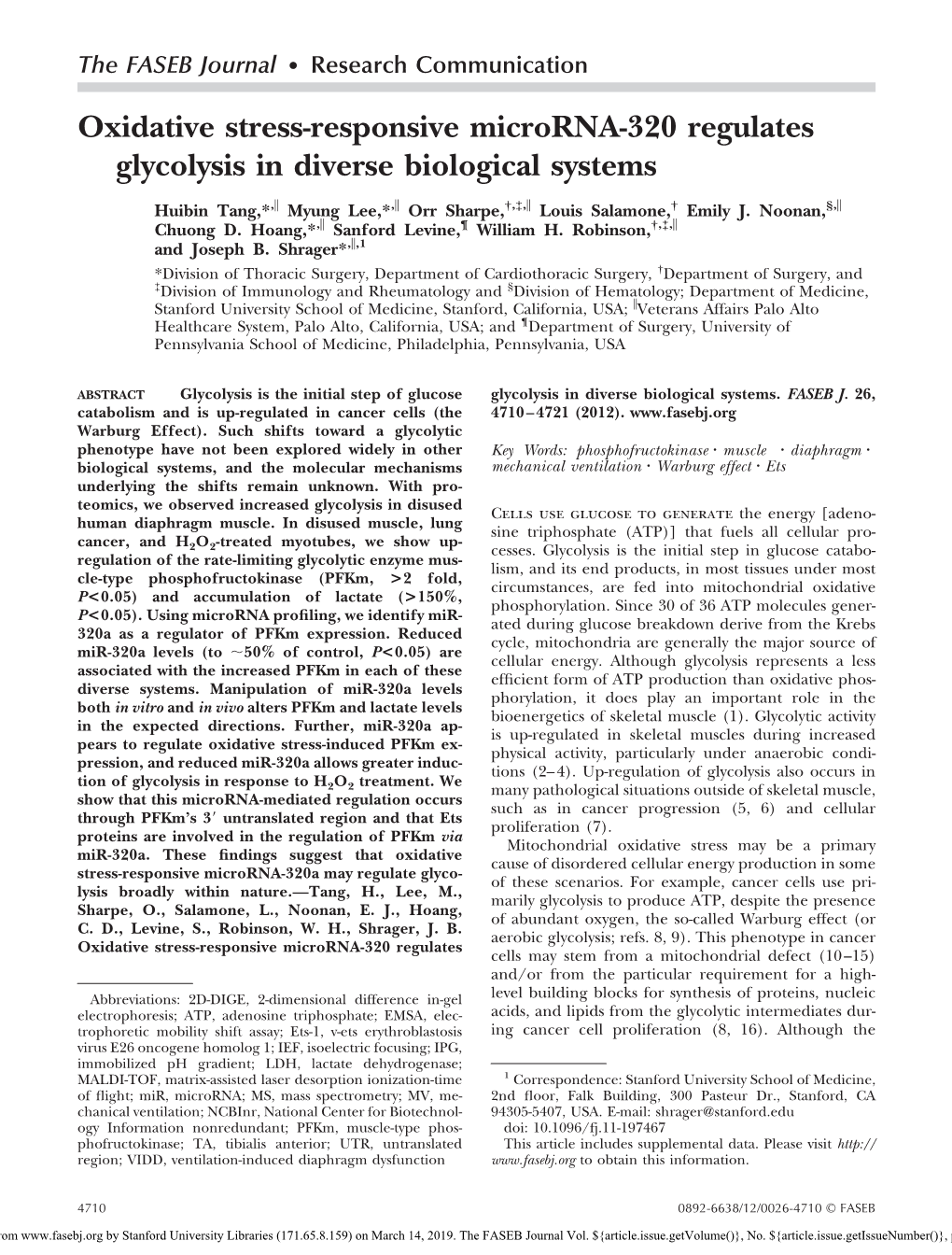 Oxidative Stress-Responsive Microrna-320 Regulates Glycolysis in Diverse Biological Systems