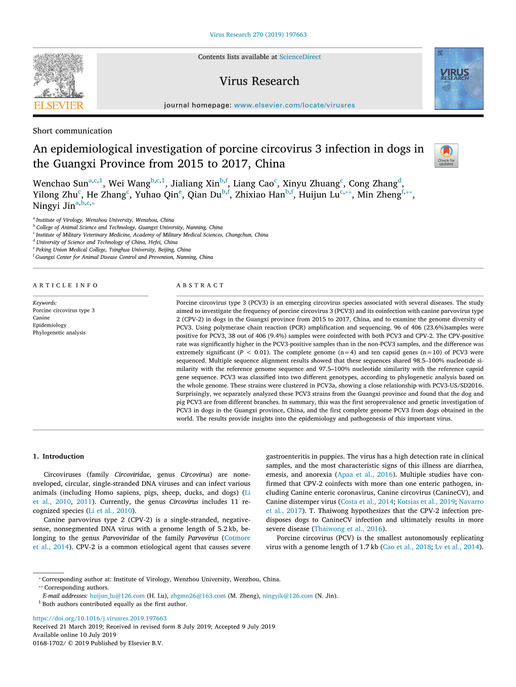 An Epidemiological Investigation of Porcine Circovirus 3 Infection In