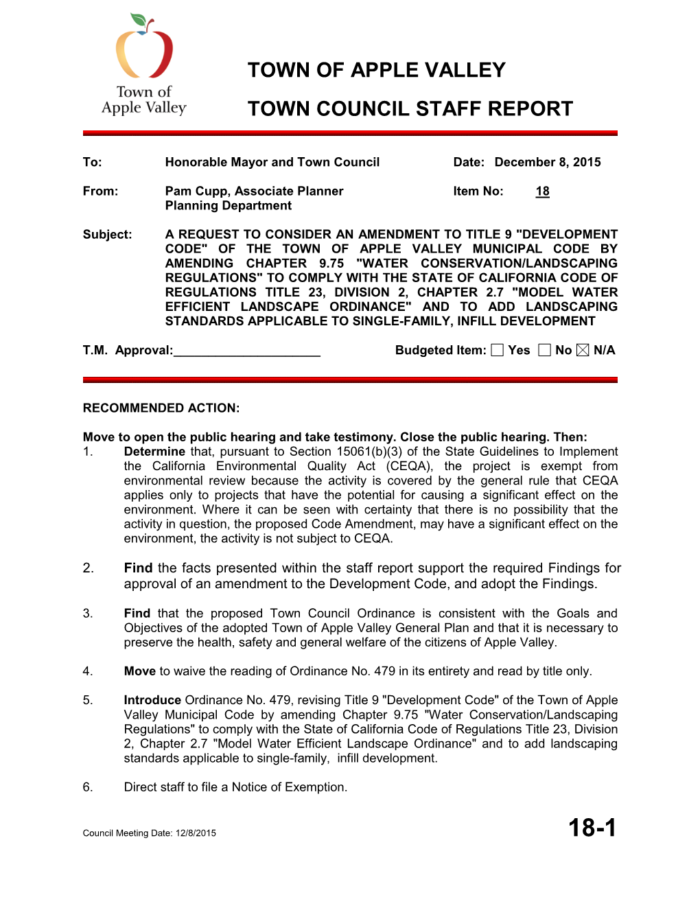 Town of Apple Valley Town Council Staff Report