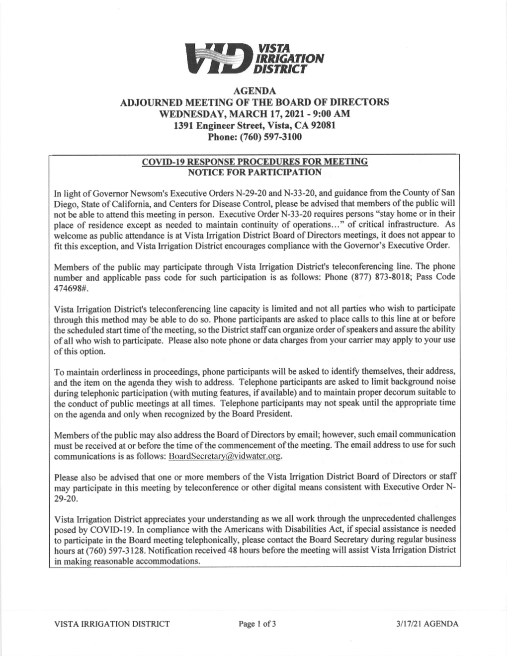 AGENDA ADJOURNED MEETING OF'the BOARD of DIRECTORS \Ryednesday, MARCH 17,2021- 9:00 AM 1391 Engineer Street, Vista, CA 92081 Phone: (760) 597-3100