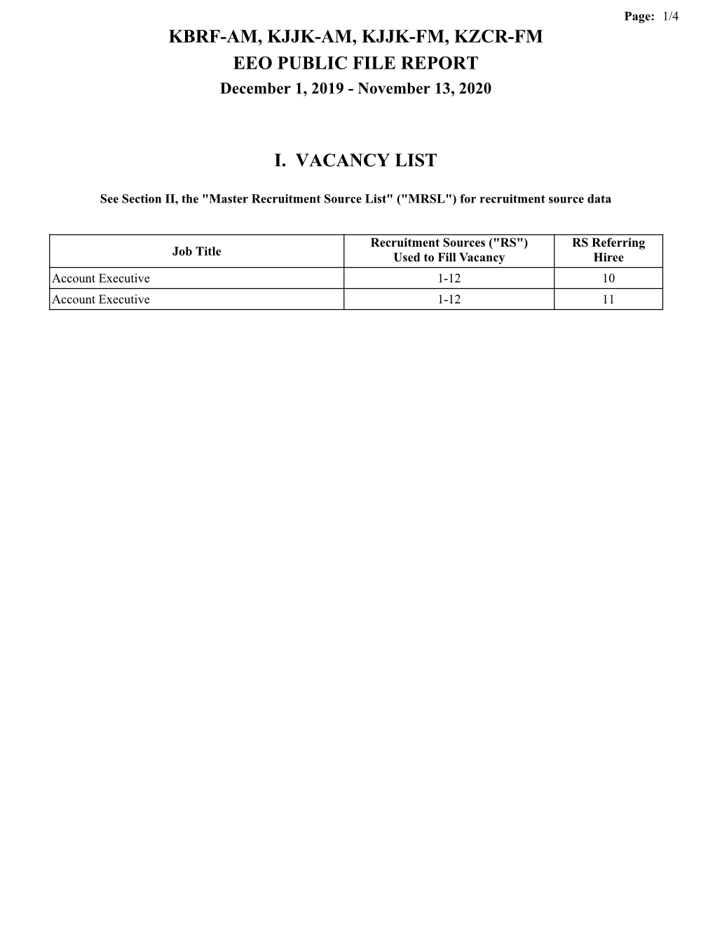 KBRF-AM, KJJK-AM, KJJK-FM, KZCR-FM EEO PUBLIC FILE REPORT December 1, 2019 - November 13, 2020