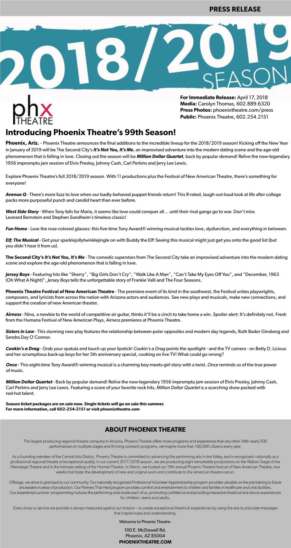 Introducing Phoenix Theatre's 99Th Season!