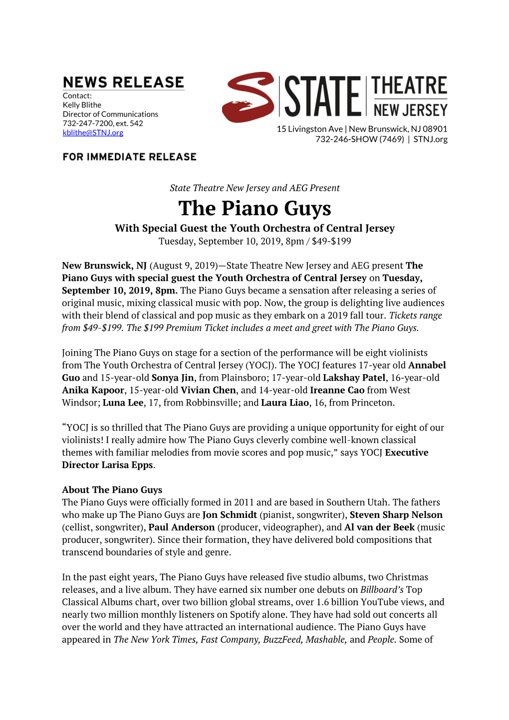 The Piano Guys with Special Guest the Youth Orchestra of Central Jersey Tuesday, September 10, 2019, 8Pm / $49-$199