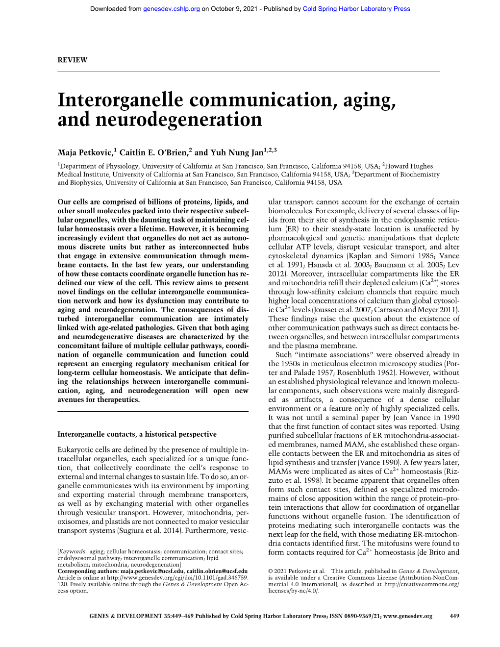 Interorganelle Communication, Aging, and Neurodegeneration