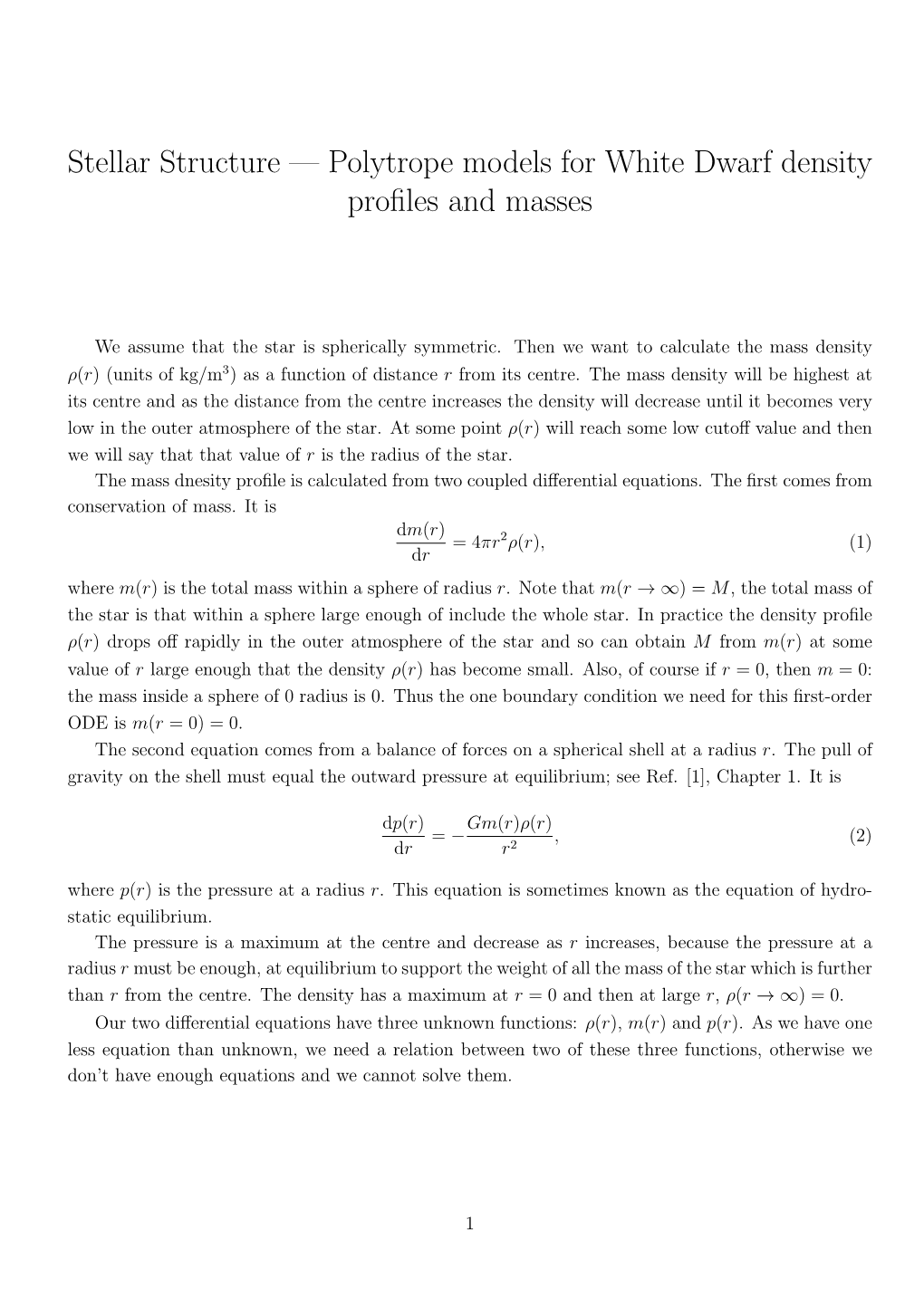 Stellar Structure — Polytrope Models for White Dwarf Density Profiles and Masses