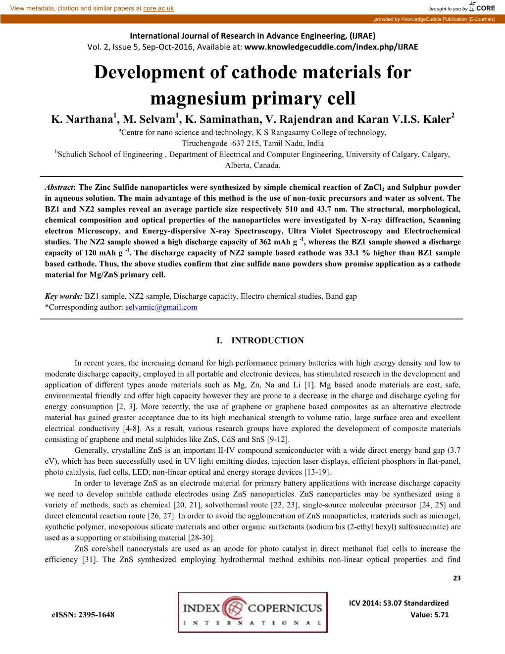 Development of Cathode Materials for Magnesium Primary Cell K