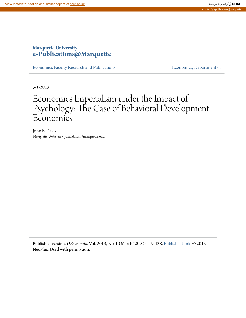 Economics Imperialism Under the Impact of Psychology: the Ac Se of Behavioral Development Economics John B