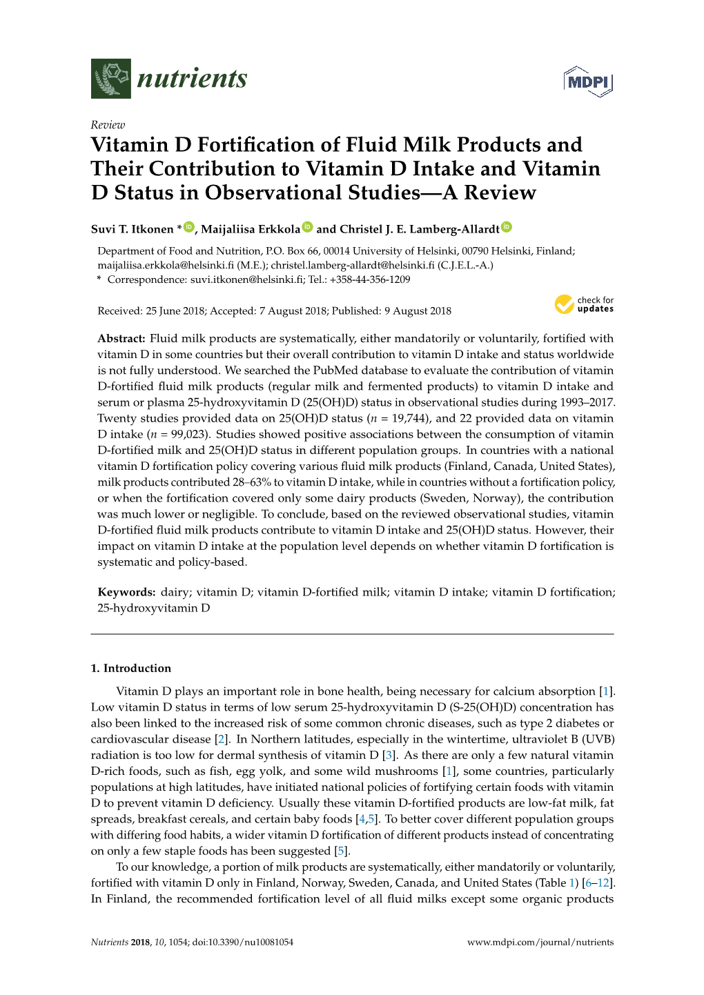 Vitamin D Fortification of Fluid Milk Products and Their Contribution To