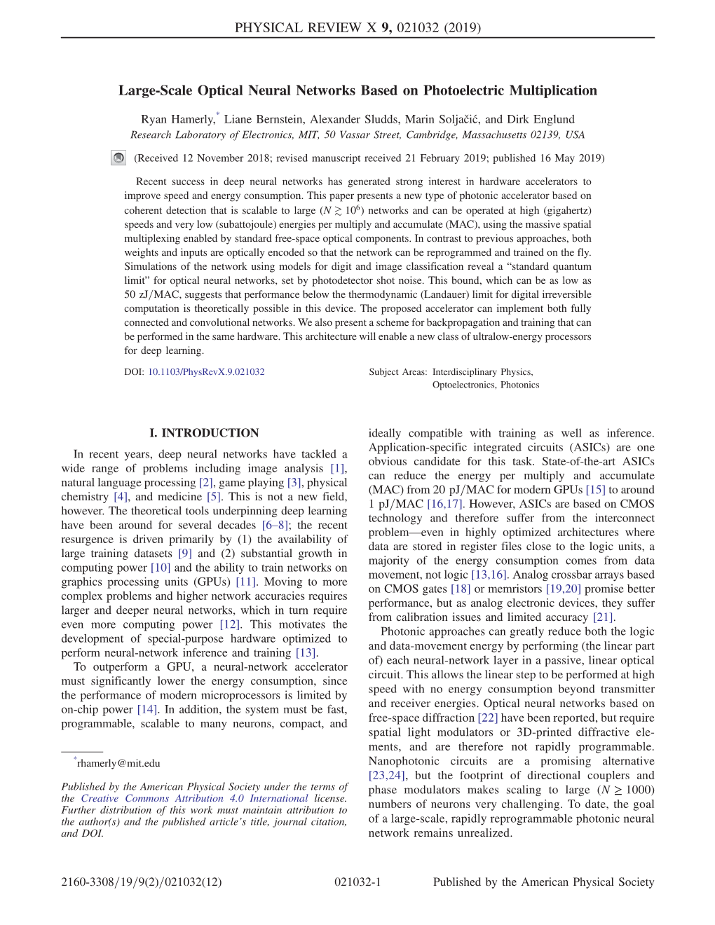 Large-Scale Optical Neural Networks Based on Photoelectric Multiplication