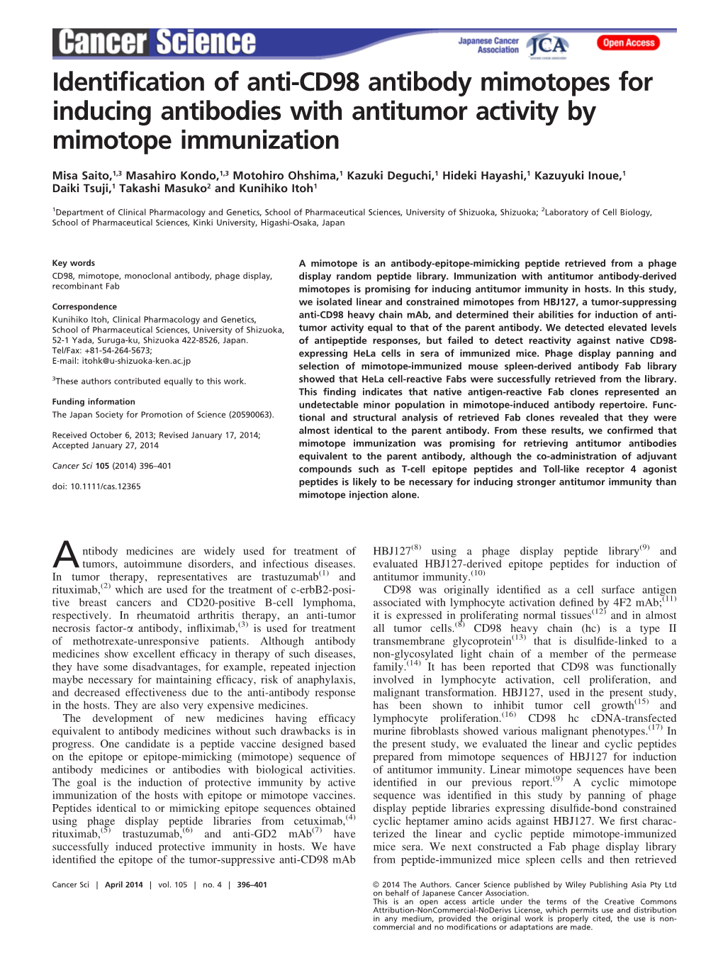 Identification of Anti-CD98 Antibody Mimotopes for Inducing Antibodies with Antitumor Activity by Mimotope Immunization