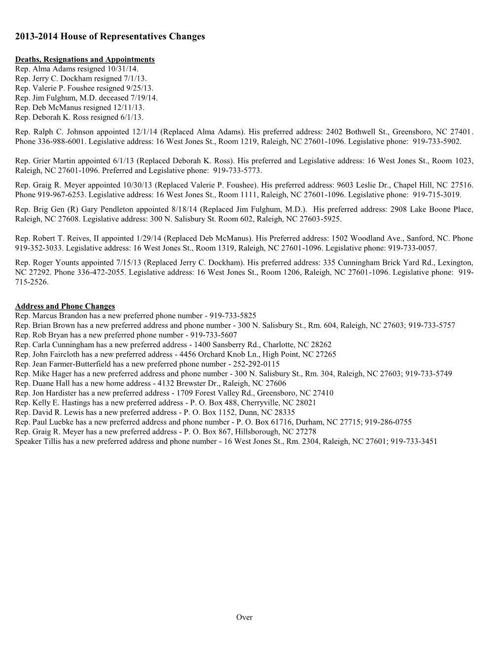 2003-2004 House of Representatives Changes