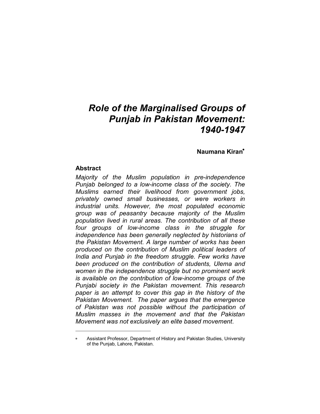 Role of the Marginalised Groups of Punjab in Pakistan Movement: 1940-1947