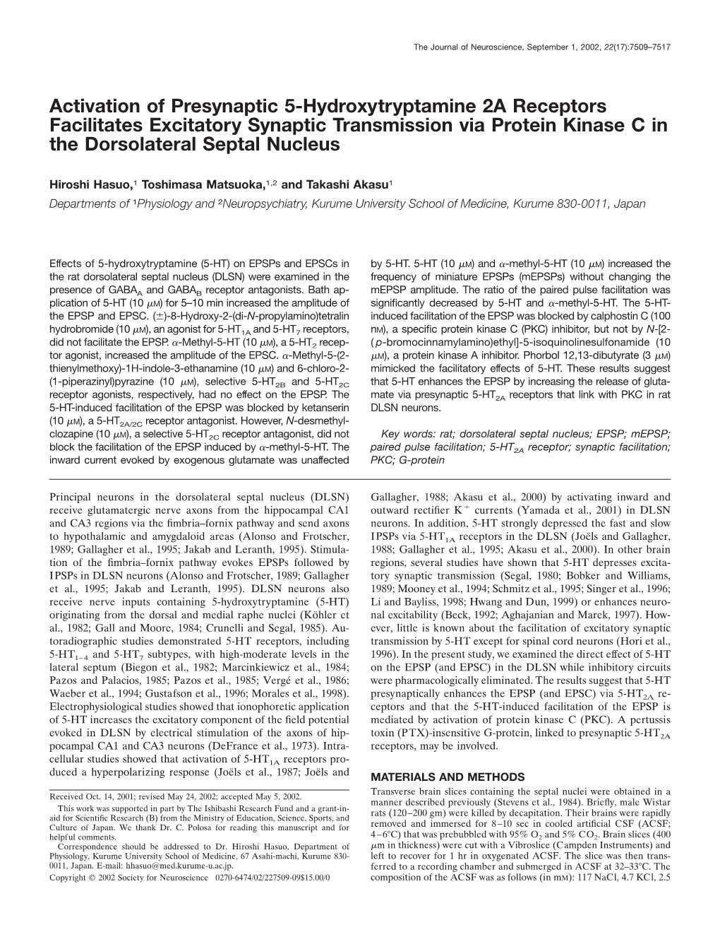 Activation of Presynaptic 5-Hydroxytryptamine 2A Receptors Facilitates Excitatory Synaptic Transmission Via Protein Kinase C in the Dorsolateral Septal Nucleus