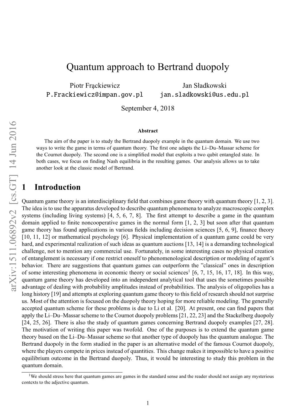 Quantum Approach to Bertrand Duopoly