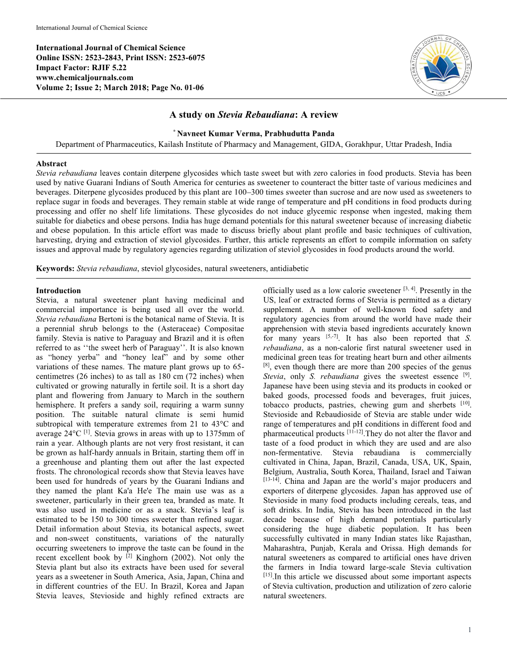 A Study on Stevia Rebaudiana: a Review