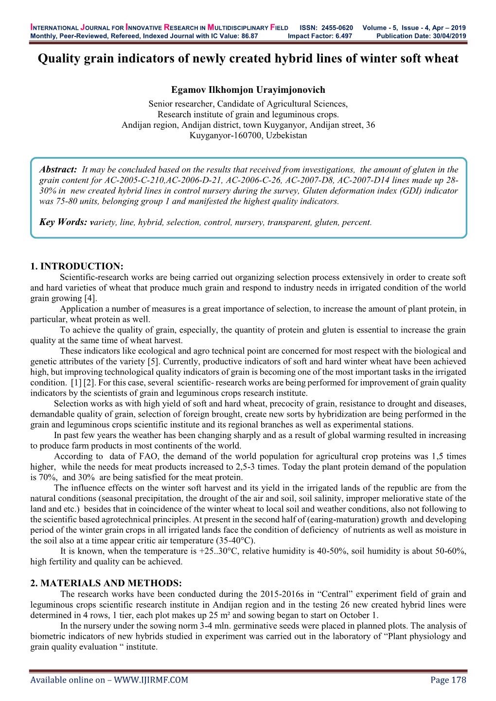 Quality Grain Indicators of Newly Created Hybrid Lines of Winter Soft Wheat