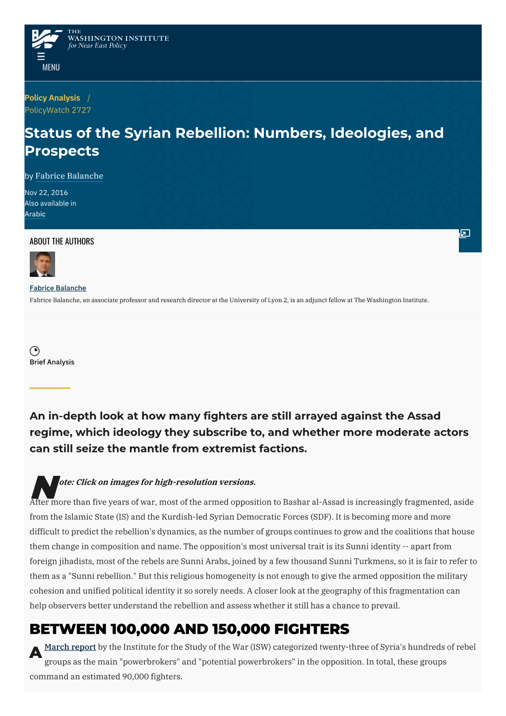 Status of the Syrian Rebellion: Numbers, Ideologies, and Prospects by Fabrice Balanche