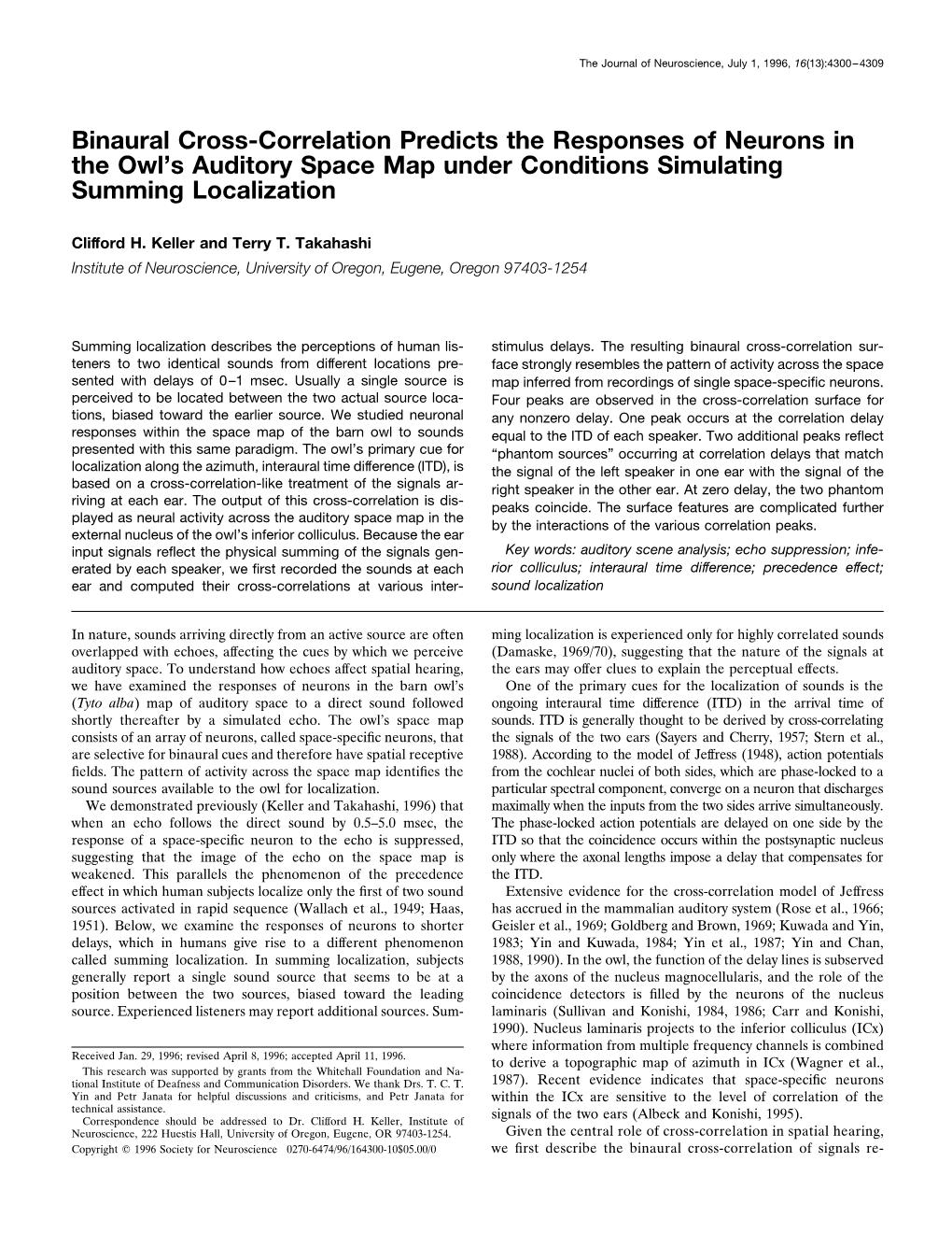 Binaural Cross-Correlation Predicts the Responses of Neurons in the Owl’S Auditory Space Map Under Conditions Simulating Summing Localization