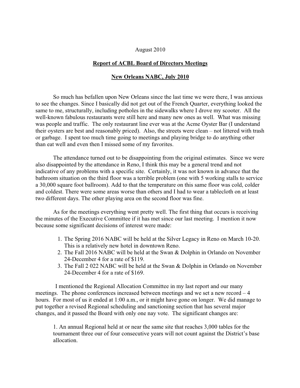 August 2010 Report of ACBL Board of Directors