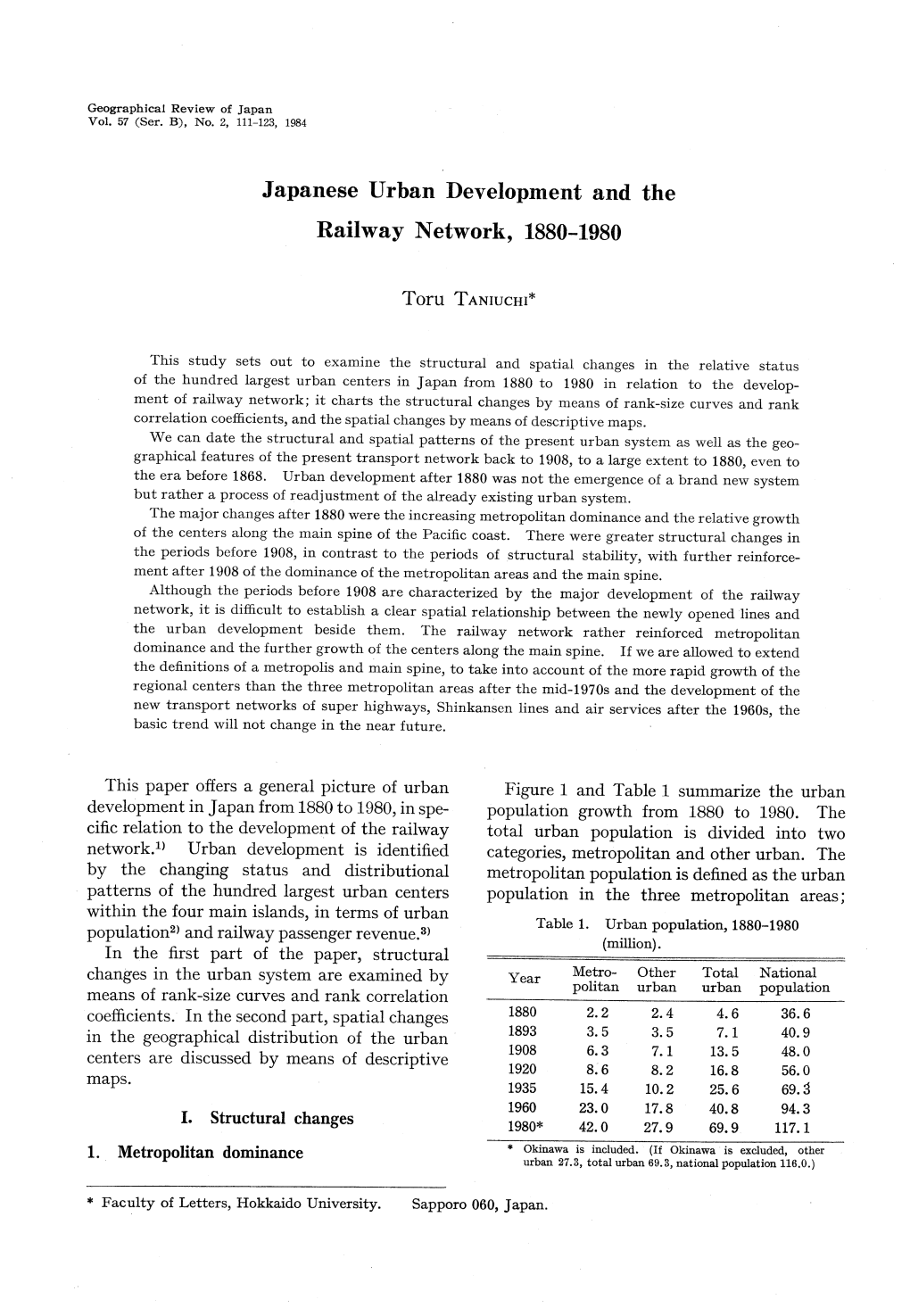 Japanese Urban Development and the Railway Network, 1880-1980