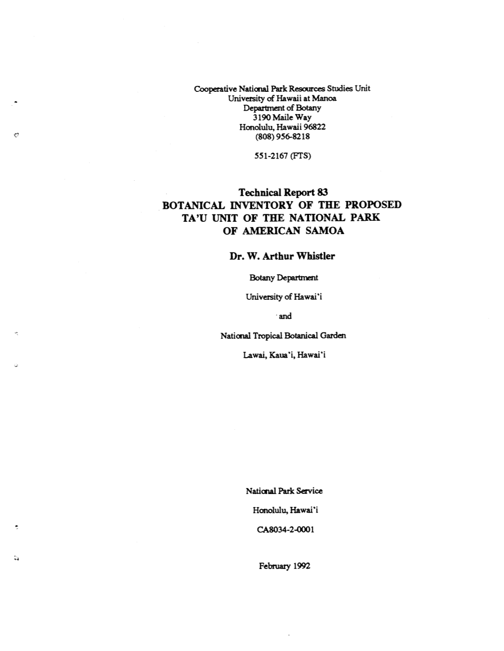 Botanical Inventory of the Proposed Ta'u Unit of the National Park of American Samoa