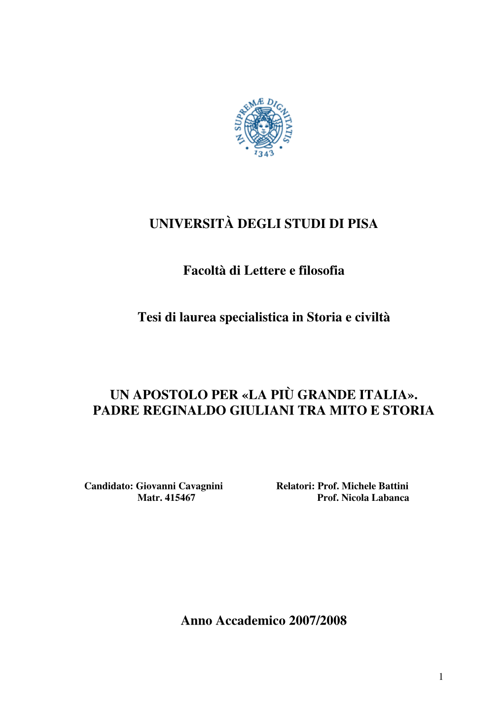 UNIVERSITÀ DEGLI STUDI DI PISA Facoltà Di Lettere E Filosofia Tesi Di