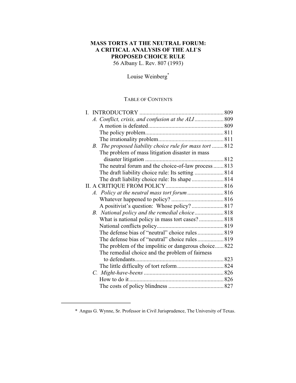 MASS TORTS at the NEUTRAL FORUM: a CRITICAL ANALYSIS of the ALI’S PROPOSED CHOICE RULE 56 Albany L